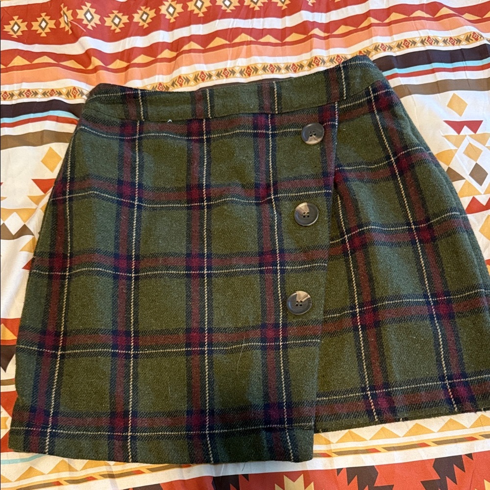Green Plaid Button-Front Mini Skirt